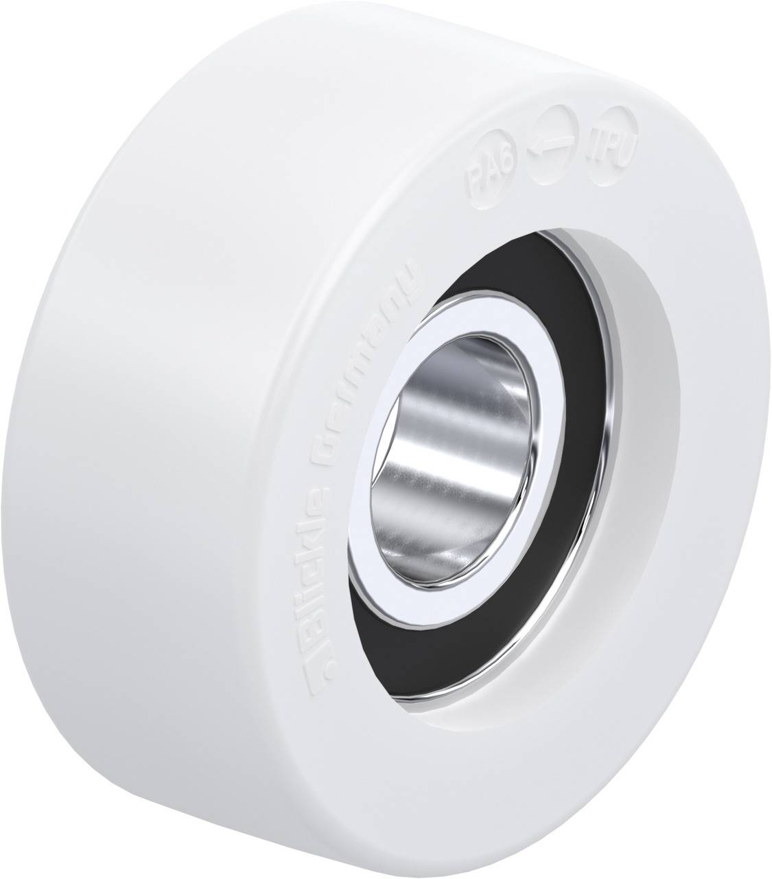 Une roue de skateboard blanche avec un roulement à billes argenté au centre. La roue présente un design minimaliste et semble solidement construite.