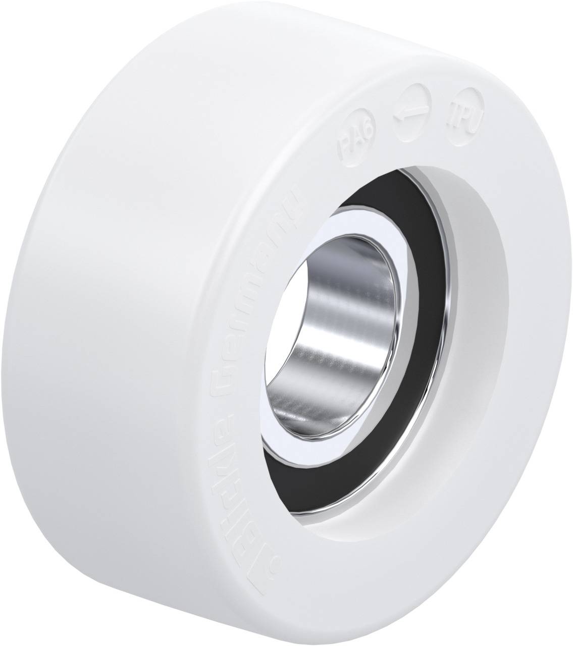 Un roulement à rouleaux en plastique blanc avec une partie intérieure en métal, adapté pour une utilisation dans les meubles ou les applications industrielles.