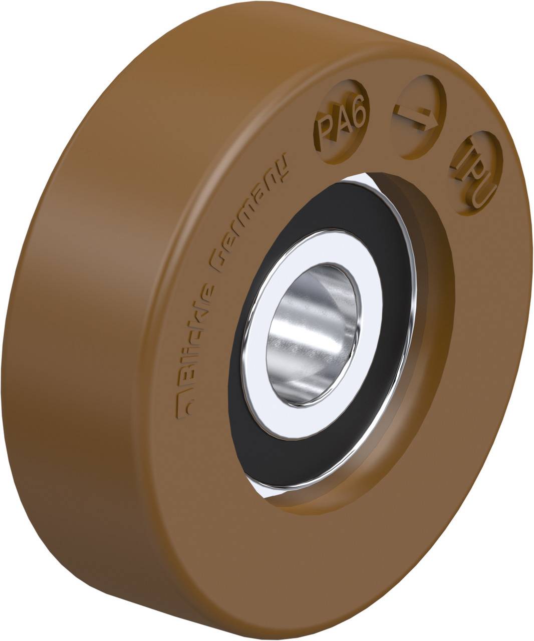 Roue marron avec boîtier intérieur argenté, inscription 'PA6' et 'TPU' et 'Binder Germany'.