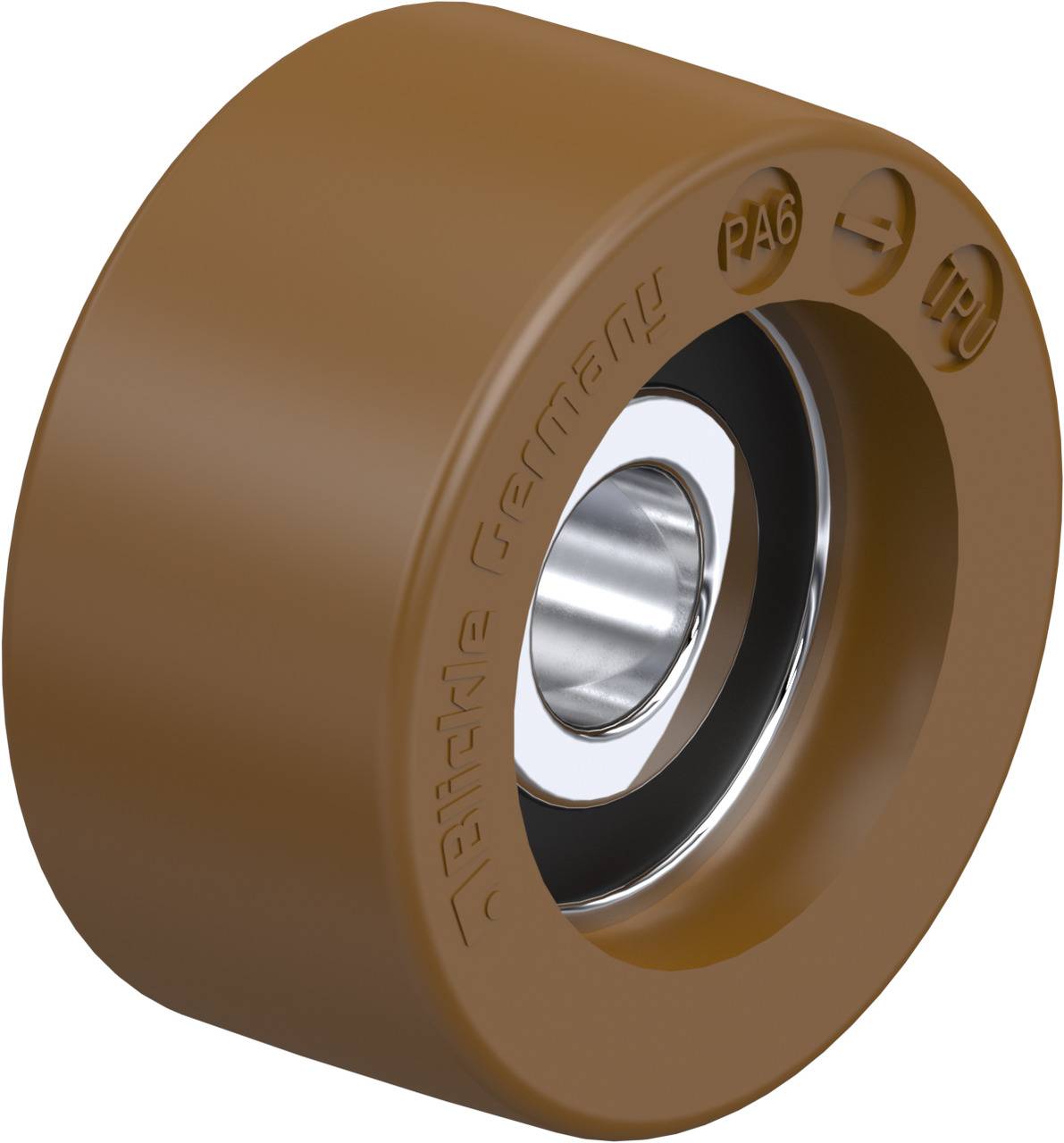 Roue brune avec noyau métallique et gravure 'PA6 TPU', fabriquée en Allemagne.