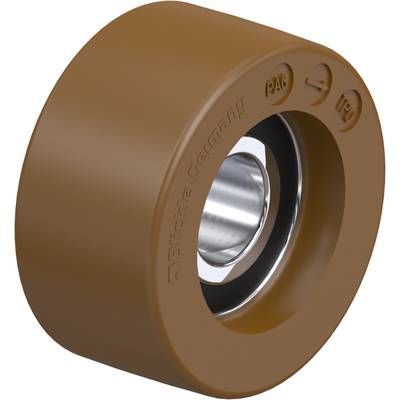 Roue en plastique marron avec douille métallique argentée, portant l'inscription 'PA6', 'TPU', 'Blickle Germany'. Adapté pour des roulettes ou des applications techniques.
