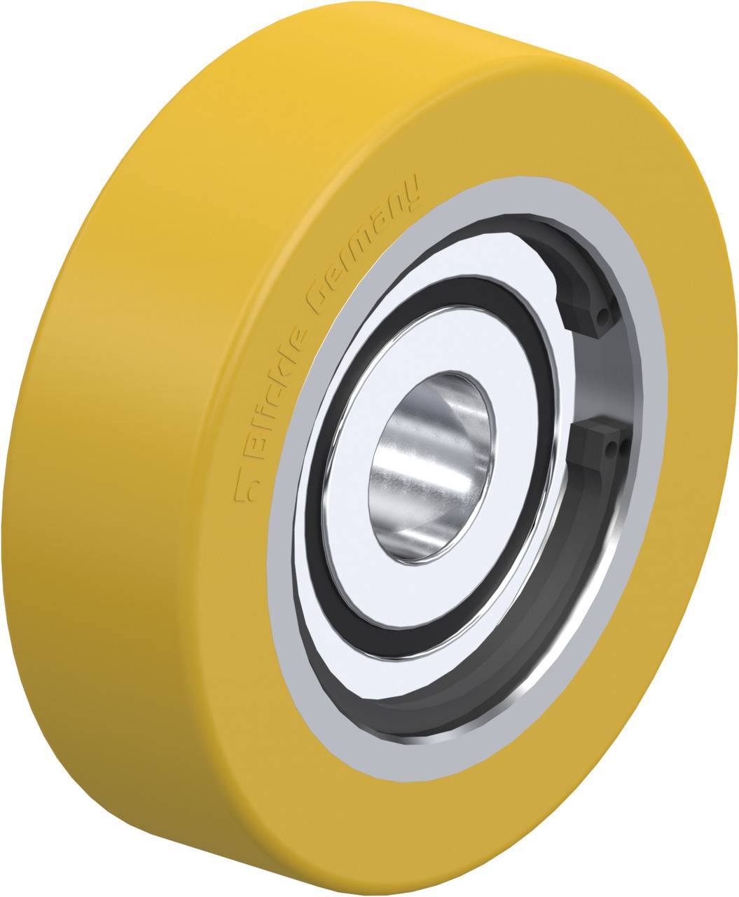 Une roue jaune avec un noyau métallique argenté, ressemblant à un roulement à billes, de la marque 'Blickle'.