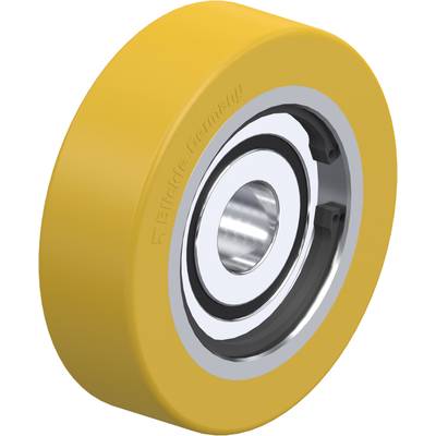 Une roue jaune avec un noyau métallique argenté, ressemblant à un roulement à billes, de la marque 'Blickle'.