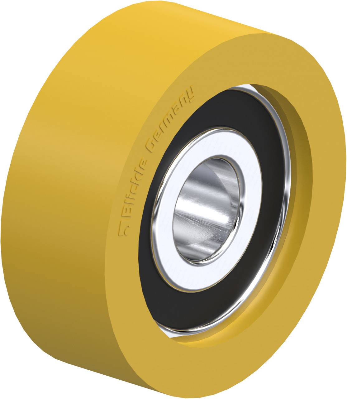 Roue jaune avec roulement métallique, marquée sur le côté avec 'Birdie Germany'.