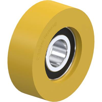Une roue de roulement jaune avec un noyau en métal et un joint noir, adaptée aux applications industrielles.