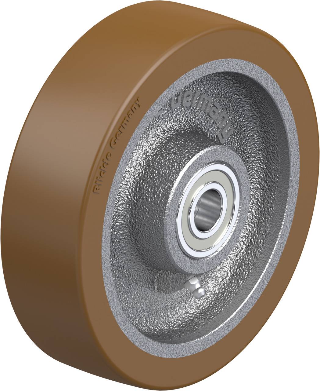Roue en caoutchouc avec noyau métallique et roulement à billes, surface de roulement brune, adaptée aux applications industrielles.