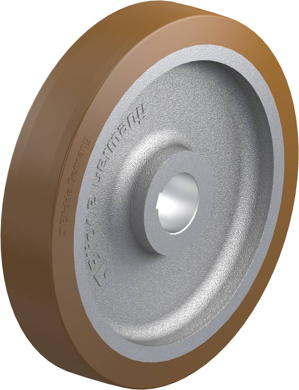 Roue industrielle en métal avec revêtement en caoutchouc marron, percée au centre pour la fixation. Adaptée aux charges lourdes.