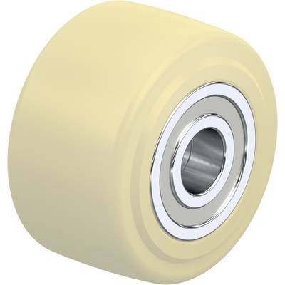 Une roue beige avec roulement métallique, probablement adaptée aux patins à roulettes ou aux skateboards, sur un fond blanc.
