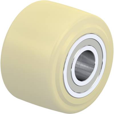 Roue beige avec un noyau métallique brillant et un roulement, adaptée pour des rouleaux ou des machines.