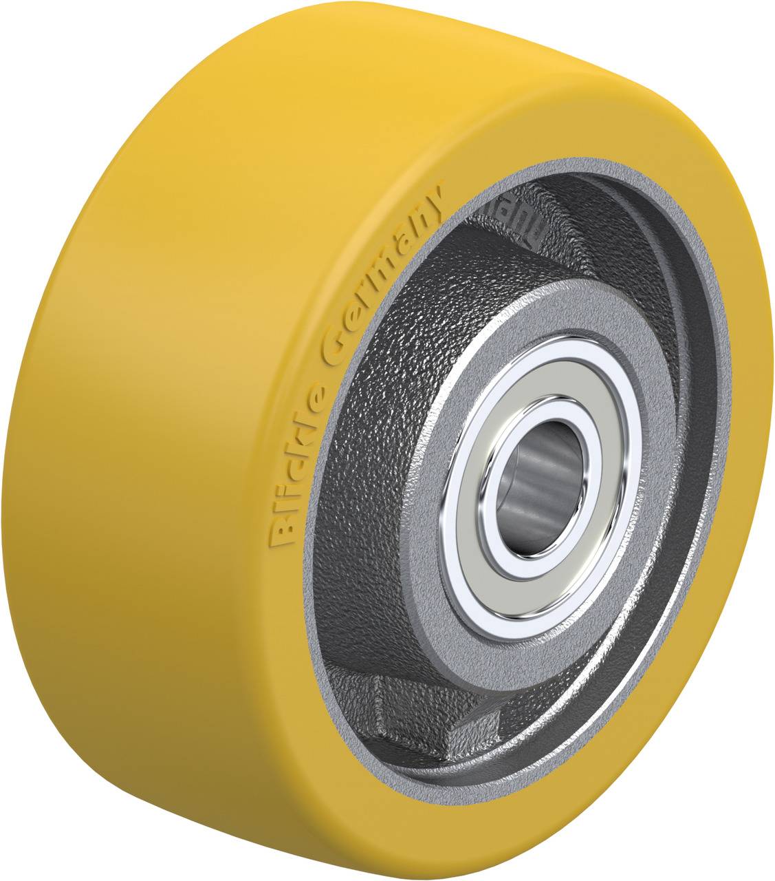 Roue jaune avec noyau métallique et roulement à billes, probablement partie intégrante d'un chariot industriel ou d'un système de convoyeur.