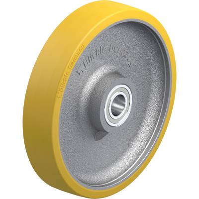 Roue de chariot industriel avec bandage de roulement en polyuréthane jaune et noyau métallique central avec roulement à billes, adaptée aux charges lourdes.
