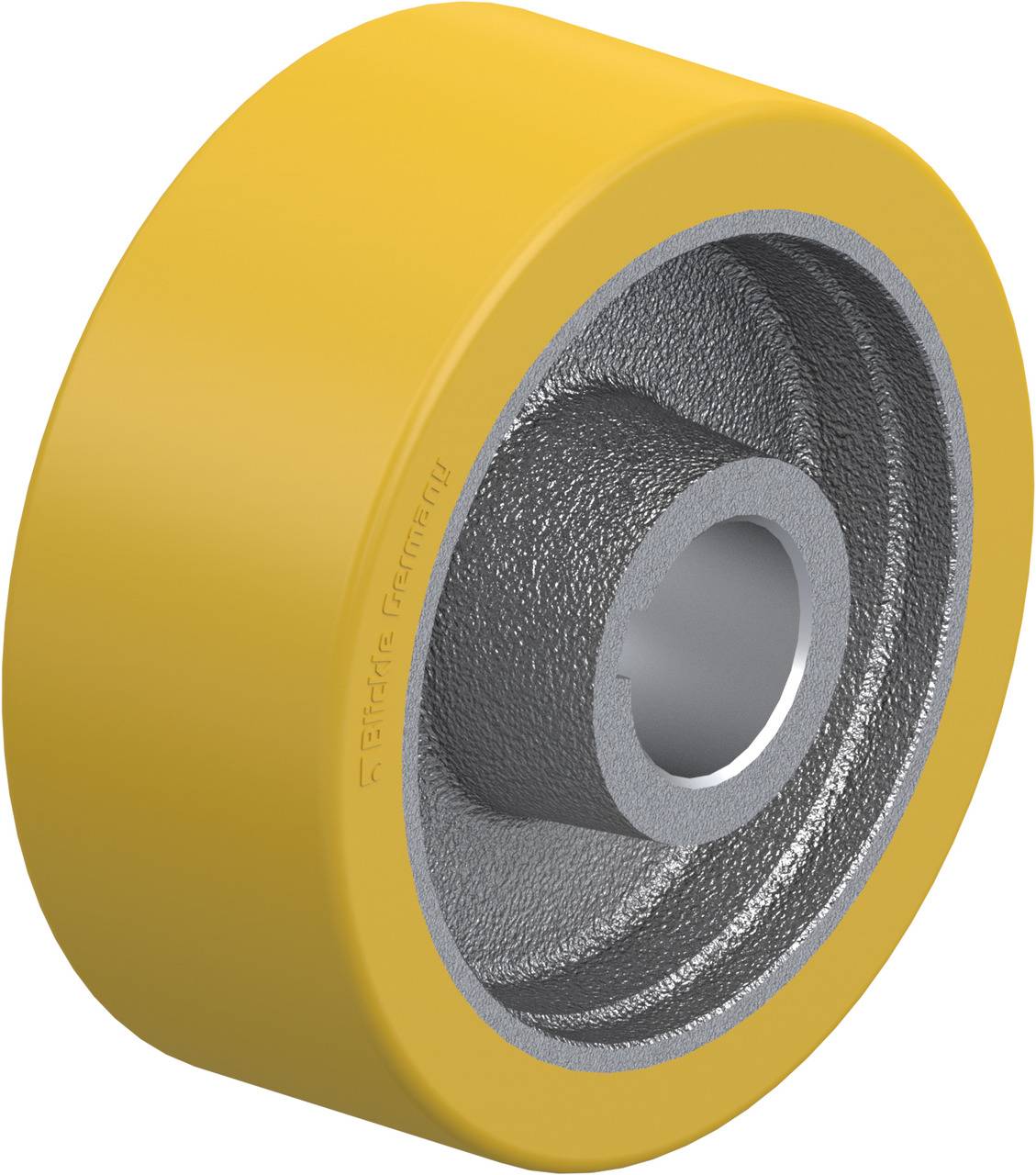 Roue jaune avec un noyau métallique gris, présentant un design industriel, probablement partie intégrante d'un équipement mécanique.