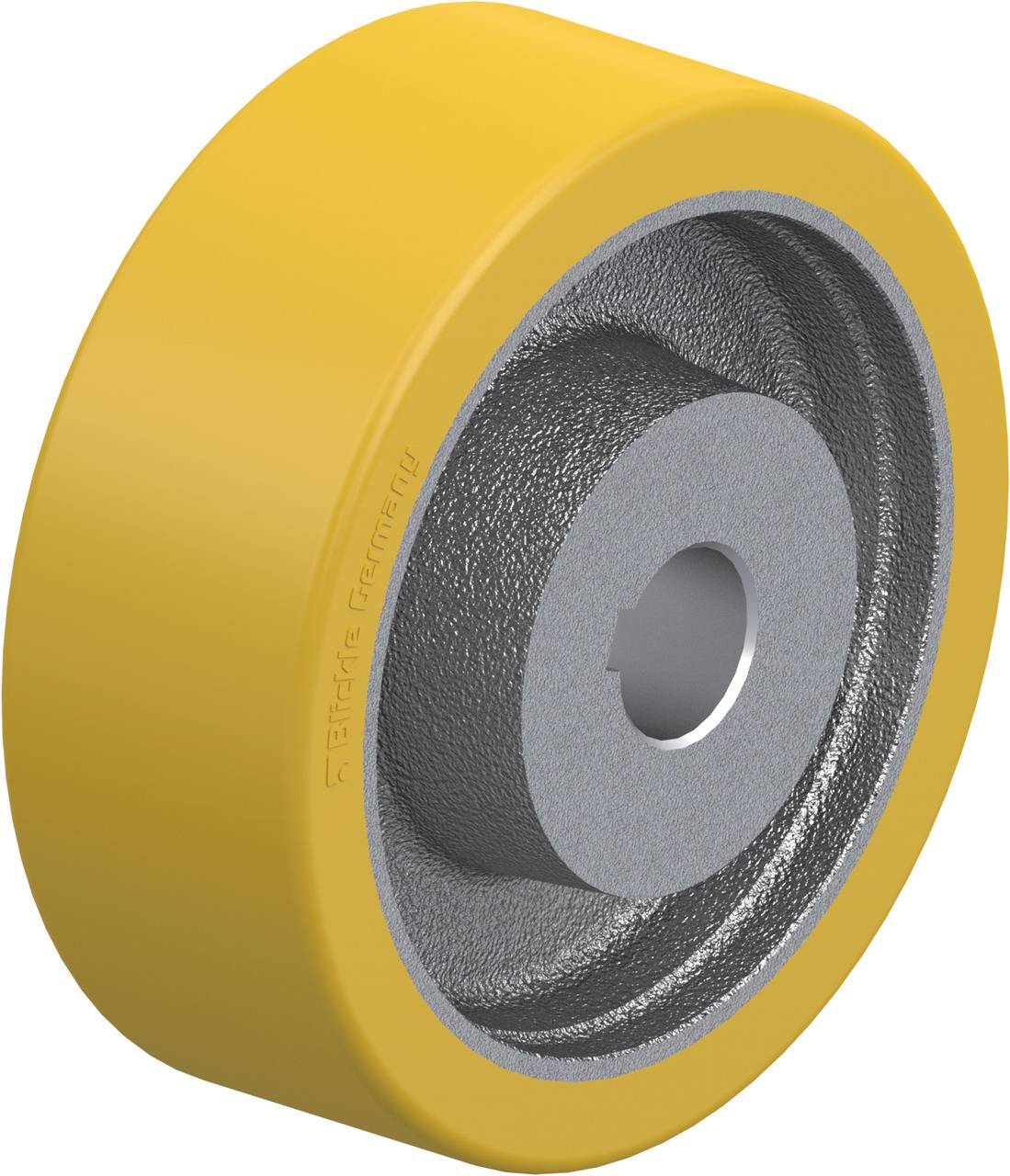 Roue jaune en métal avec une surface lisse et brillante et un trou central. Elle présente une construction solide, souvent utilisée pour des machines.
