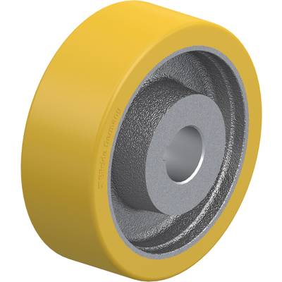 Roue jaune en matériau résistant avec noyau métallique, adaptée aux applications industrielles ou aux charges lourdes.