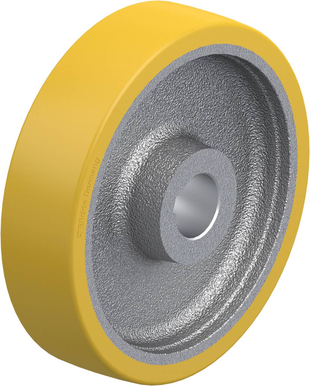 Roue industrielle en métal avec bandage en caoutchouc jaune, adaptée aux appareils de transport. Idéale pour les environnements d'entrepôt et les charges lourdes.