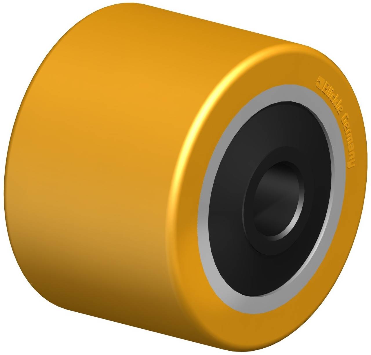 Une roue de skateboard jaune unique avec un noyau noir et un anneau intérieur argenté, présentée sur un fond blanc.