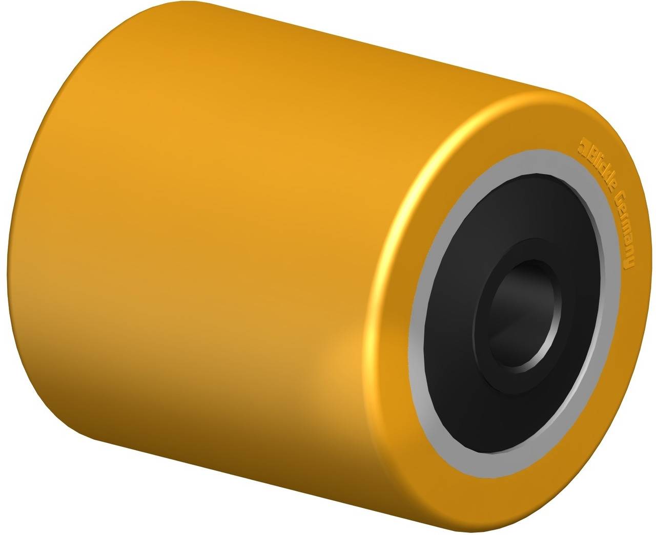 Roue jaune cylindrique en polyuréthane avec un noyau intérieur noir. Utilisée pour les moyens de transport ou les systèmes de convoyage.