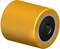 Roue jaune cylindrique en polyuréthane avec un noyau intérieur noir. Utilisée pour les moyens de transport ou les systèmes de convoyage.