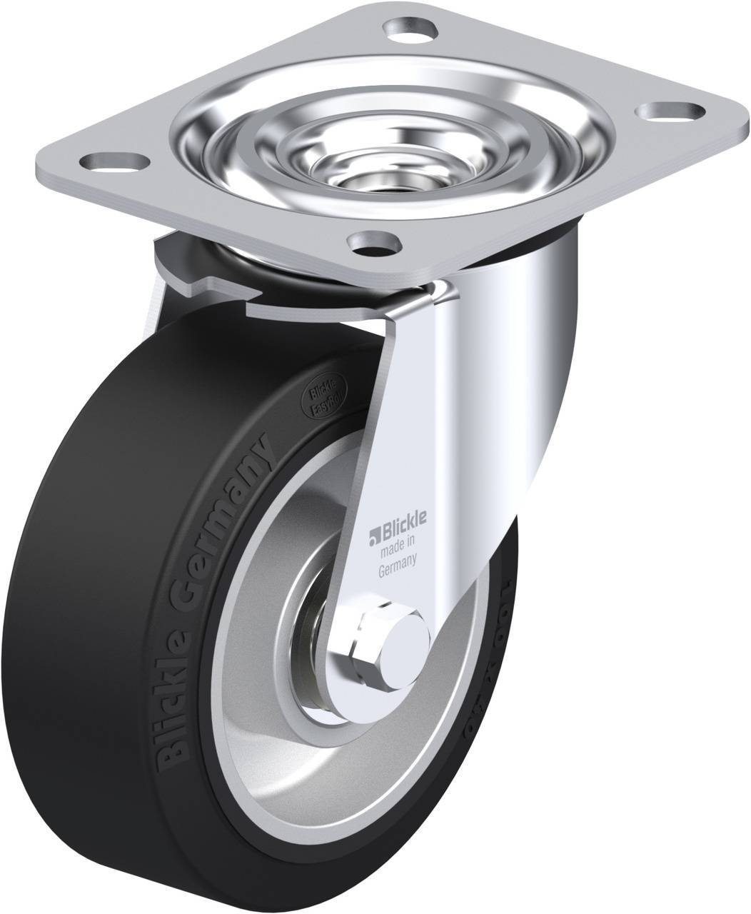 Une roue de roulement métallique brillante avec un pneu en caoutchouc noir, montée sur une plaque carrée percée de trous de fixation pour vis.