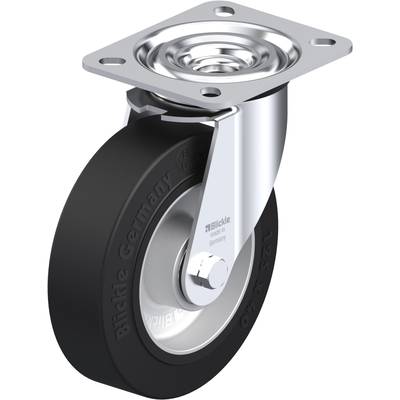 Roulette pivotante avec roue en caoutchouc noir et boîtier métallique argenté, adaptée aux déplacements de meubles ou d'équipements.