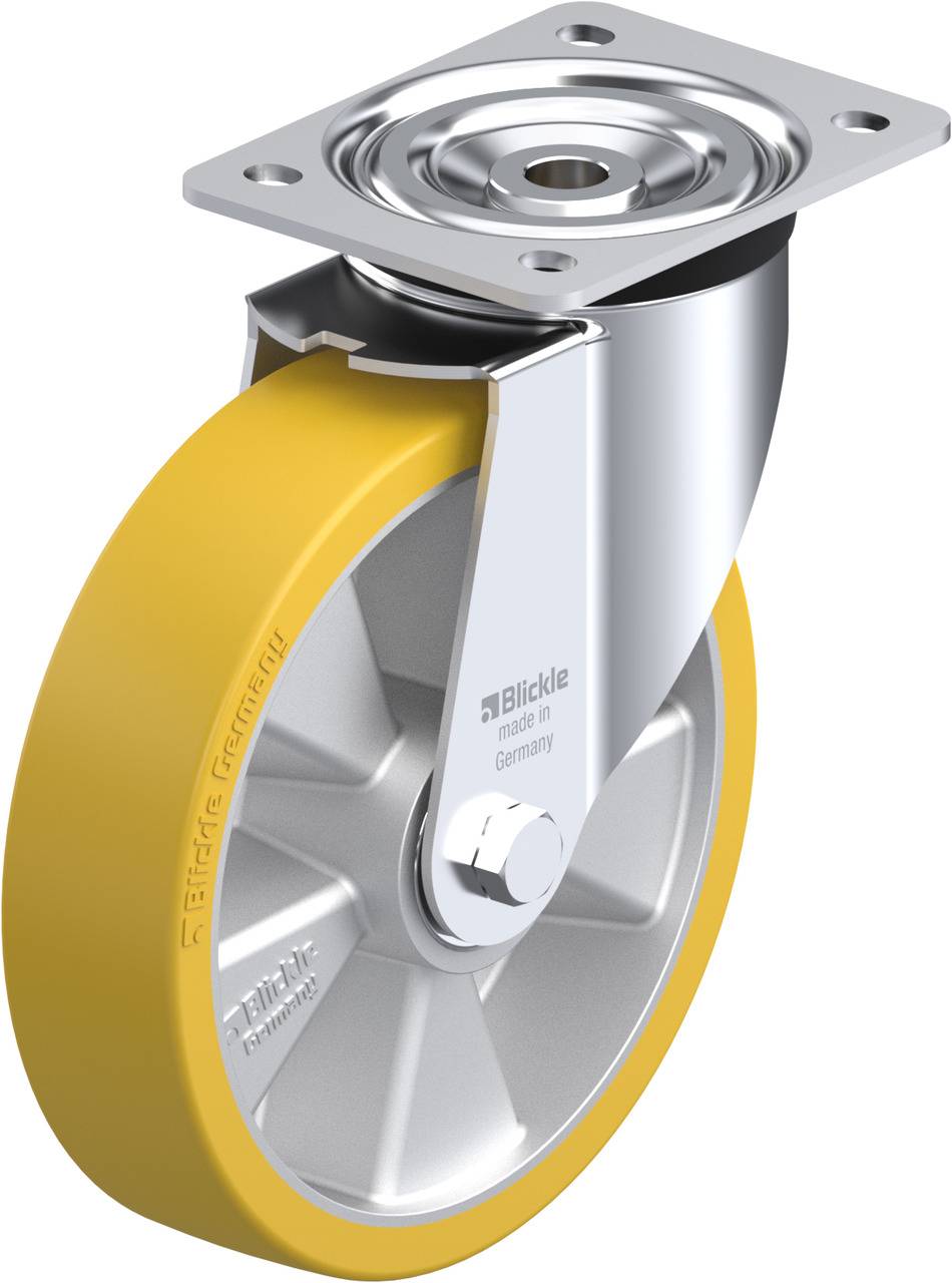 Une roue pivotante en argent avec un revêtement en caoutchouc jaune et une plaque de fixation carrée en acier. Marquage 'Blickle, Made in Germany' sur le côté.