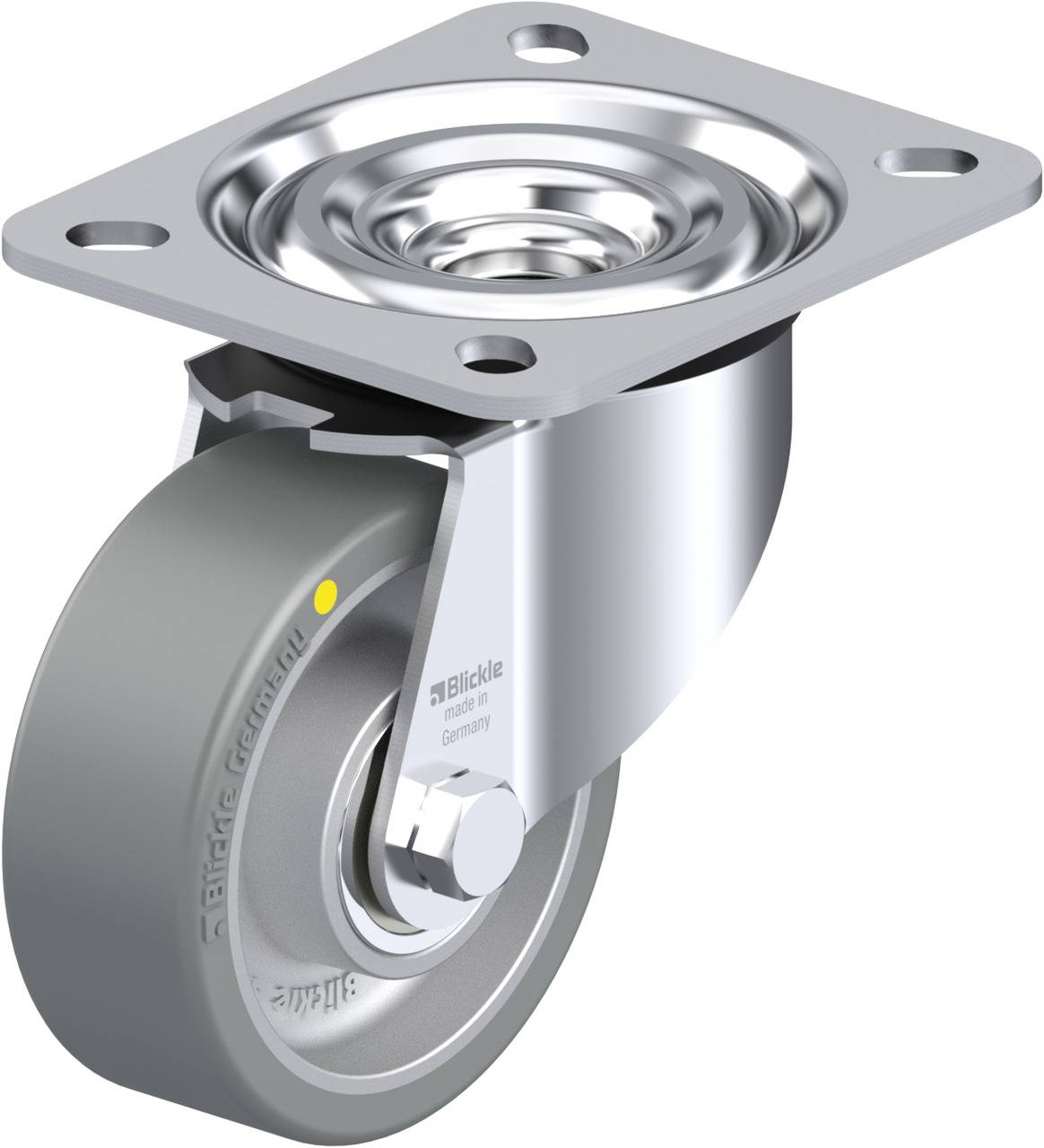 Roulette de guidage en métal avec roue grise et platine de fixation, adaptée aux applications industrielles, témoignant d'une construction robuste et d'un design précis.
