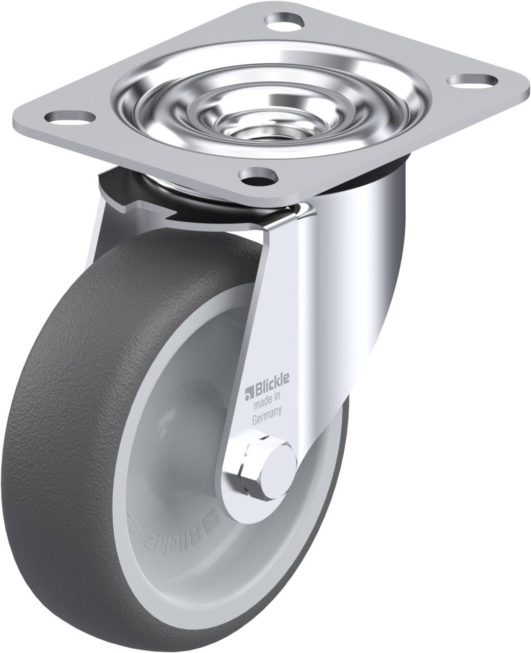 Roulette de transport en métal avec roue grise, boîtier robuste et plaque de fixation métallique, adaptée aux applications industrielles.