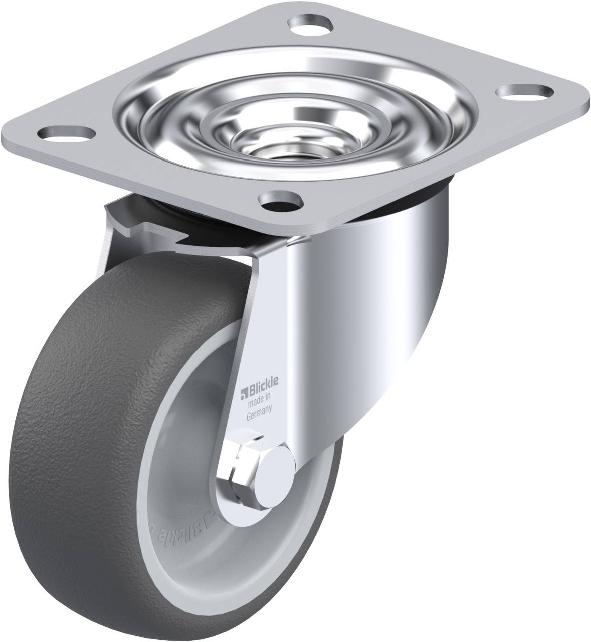 Roulette grise avec platine de fixation argentée, adaptée pour le transport ou les meubles. Construction de qualité, pivotant en douceur.