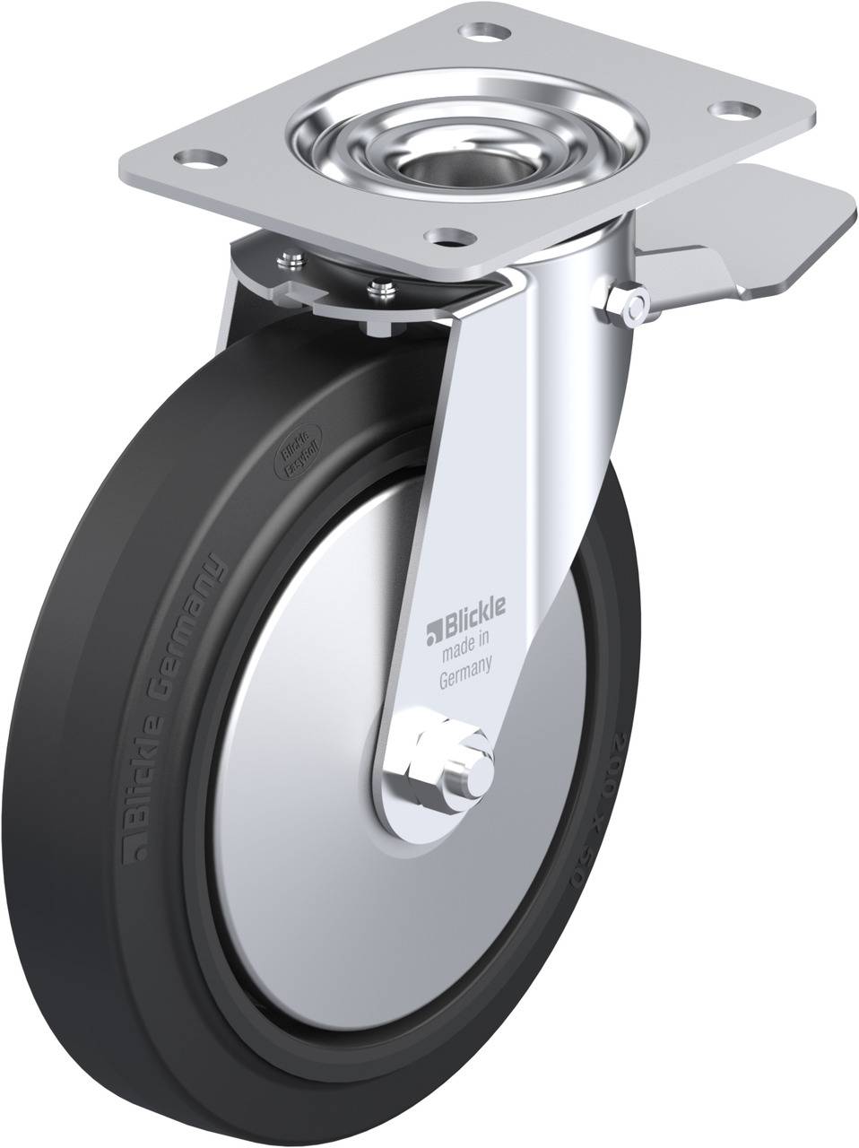 Une roue de transport pivotante robuste avec frein, en métal et caoutchouc noir, adaptée aux applications industrielles.