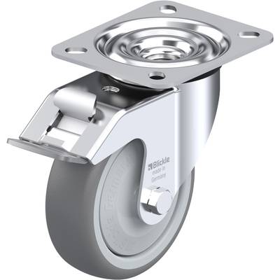 Une roue pivotante avec une surface de roulement en caoutchouc gris et un plateau argenté. Le nom de la marque et 'Made in Germany' sont imprimés dessus.