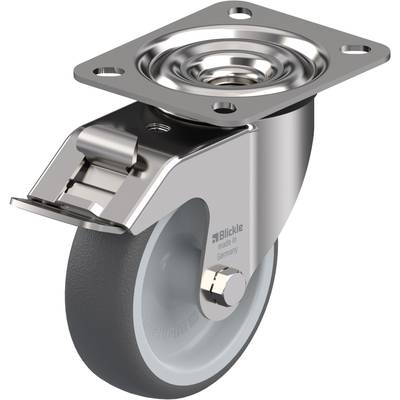Roulette de meuble en métal avec roue grise et frein intégré, utilisée pour meubles ou appareils.