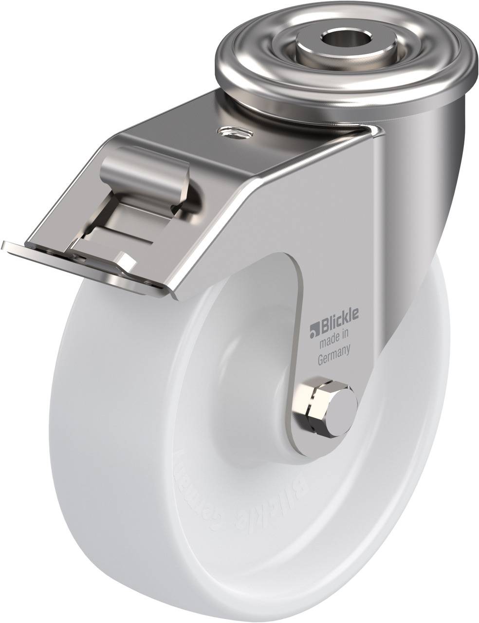 Roue de roulette de guidage en métal avec pneu blanc en plastique et plaque de fixation. Marquée 'Blickle made in Germany'.
