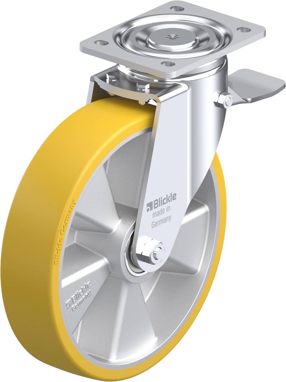 Une roue de roulement jaune avec un châssis argenté, portant l'inscription 'Blickle made in Germany'. Convient aux applications industrielles.