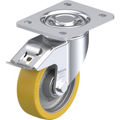 Une roue de roulette jaune avec un châssis pivotant en métal et une plaque de montage, adaptée à une utilisation industrielle.