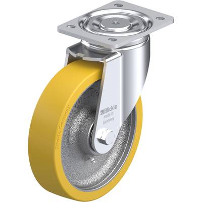 Roulette pivotante avec roue jaune, semblable au caoutchouc, et boîtier métallique argenté. Sur le boîtier est inscrit 'Blickle made in Germany'.