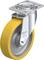 Roulette pivotante avec roue jaune, semblable au caoutchouc, et boîtier métallique argenté. Sur le boîtier est inscrit 'Blickle made in Germany'.