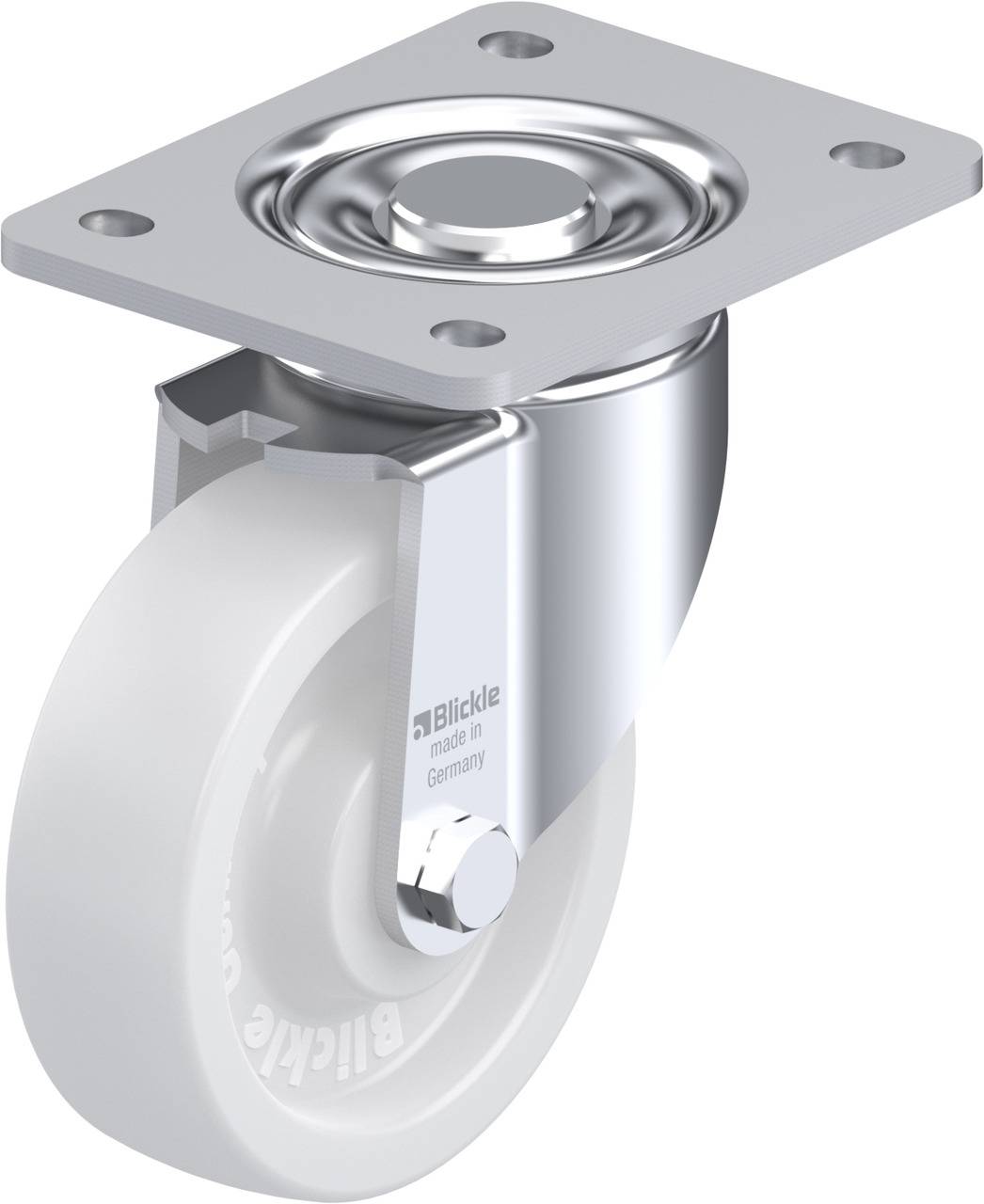 Roulette de direction gris-blanc en métal et plastique avec plaque de fixation. Inscription : Made in Germany.