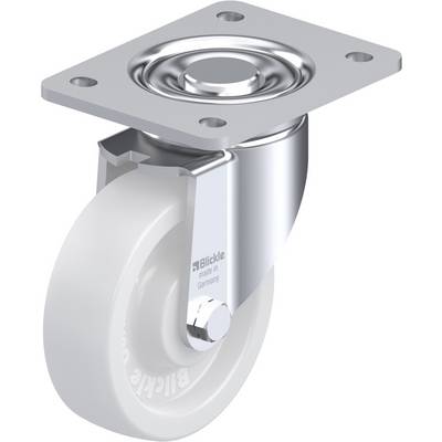 Roulette de direction gris-blanc en métal et plastique avec plaque de fixation. Inscription : Made in Germany.