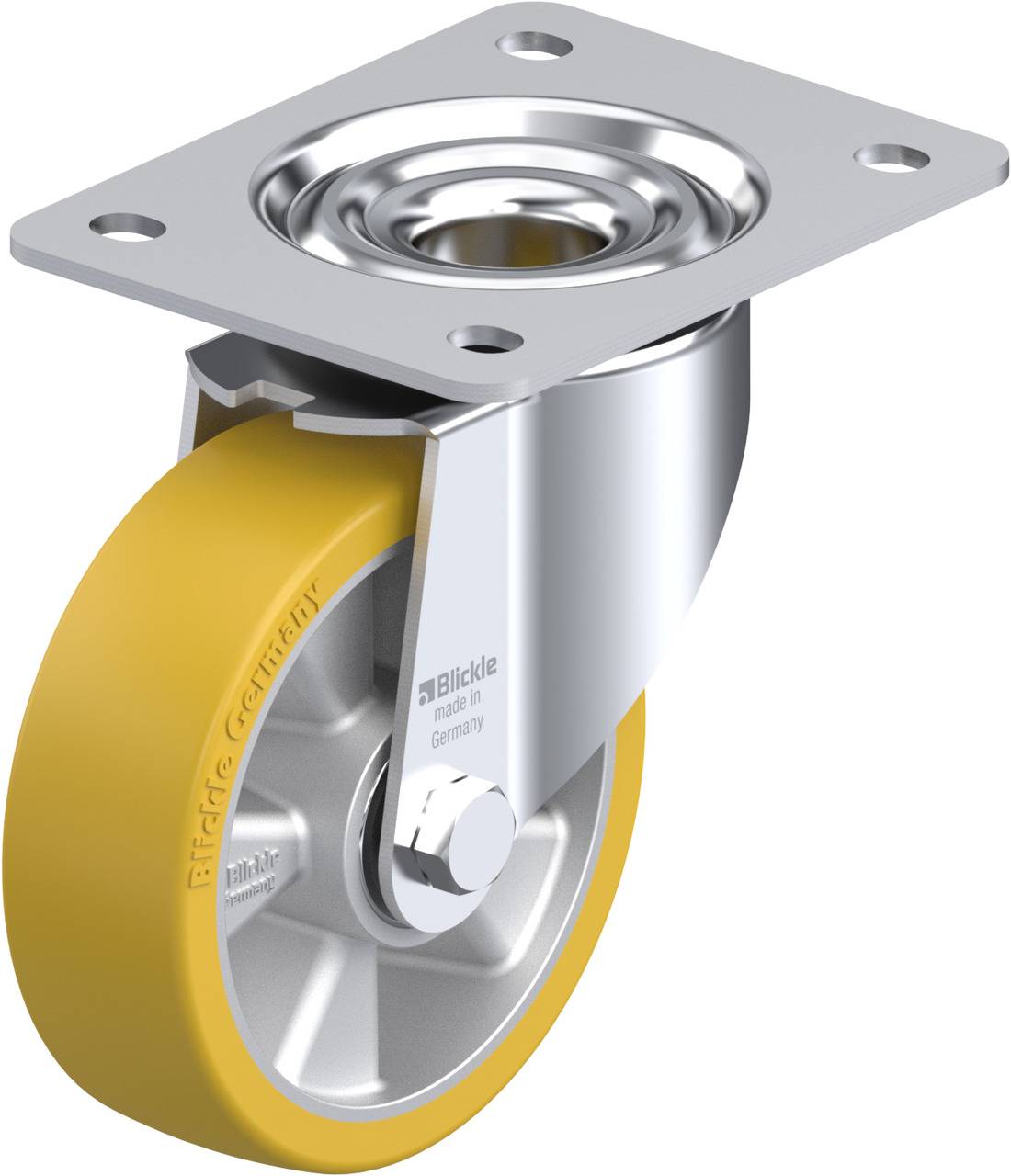 Une roue de roulette jaune avec support argenté. Adaptée pour meubles ou équipements industriels.