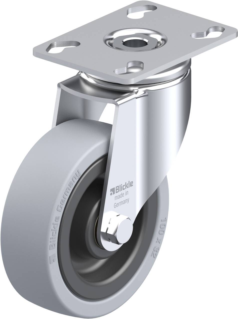 Une roulette de direction grise avec platine de fixation, adaptée aux applications industrielles. Marquée 'Blickle, made in Germany'.