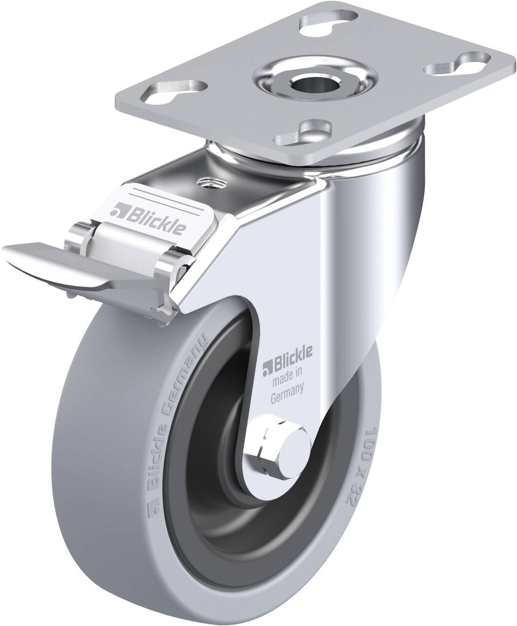 Roulette en métal avec roue grise et support. Texte sur la roue : 'Blickle, made in Germany'.