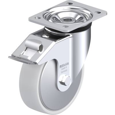 Roue métallique avec boîtier intégré et axe mobile, adaptée aux meubles de bureau ou aux appareils ; étiquetée : 'Blickle made in Germany'.