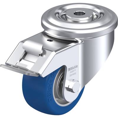 Une roue argentée avec un pneu bleu, montée sur un support métallique. Fabriquée en Allemagne. Nom de marque visible.