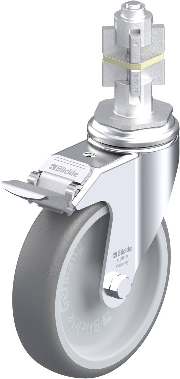 Volant gris avec support et goupille de fixation en haut, adapté aux applications industrielles. Marquage 'Blickle' visible sur la roue.