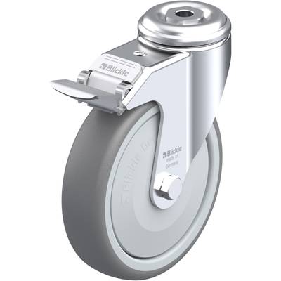 Une roue de roulement métallique avec un bandage en caoutchouc gris et un frein, fabriquée par Blickle. Adaptée aux applications industrielles.