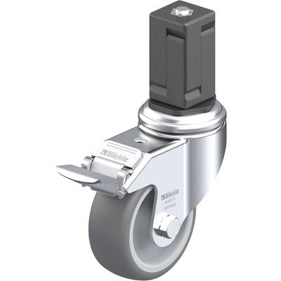 Une roulette de direction grise avec un boîtier métallique et une possibilité de fixation. Adaptée aux meubles ou aux équipements industriels.
