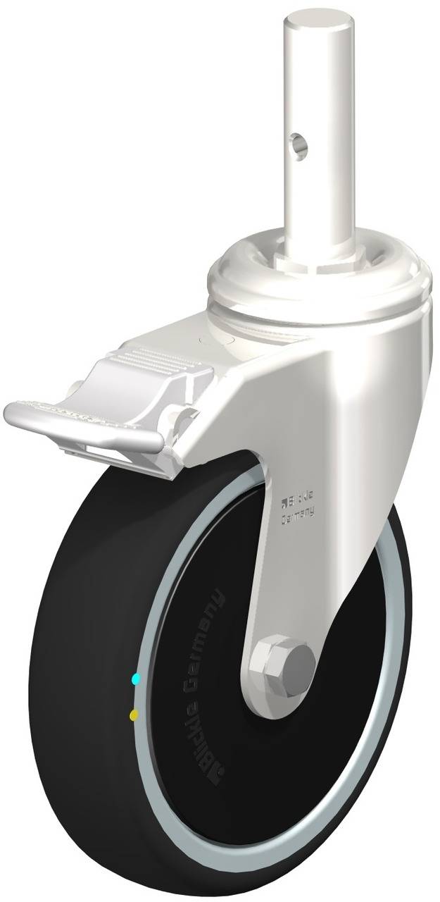 Une roue médicale avec frein et articulation pivotante, adaptée pour une utilisation sur des lits d'hôpital ou des équipements médicaux.