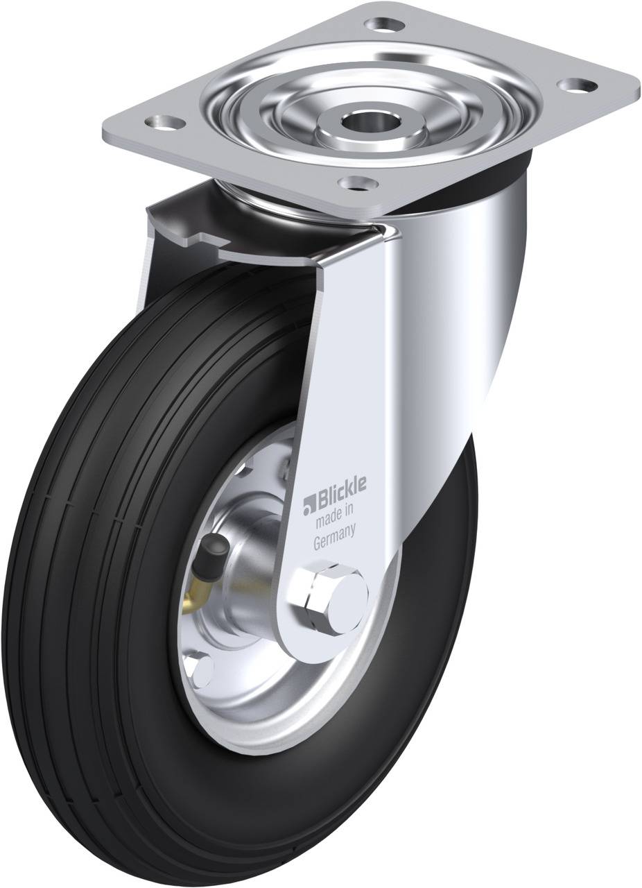 Roulette pivotante en métal avec roue noire et platine de fixation. Adaptée au transport de charges lourdes sur sol plat.