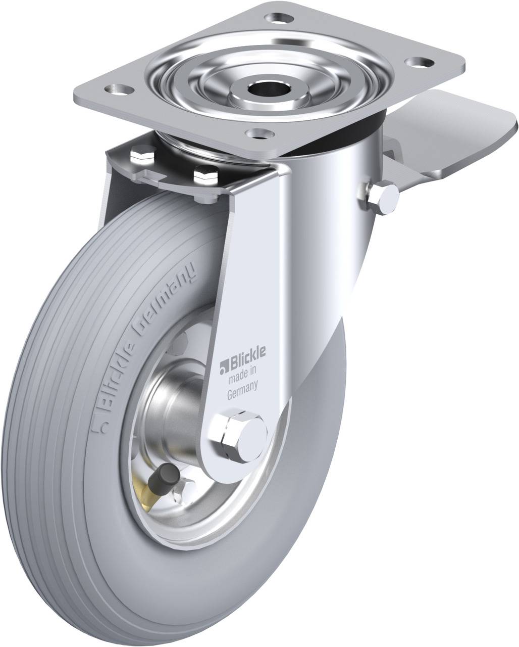 Roulette pivotante en métal avec roue en caoutchouc gris, adaptée aux meubles ou appareils avec plaque de fixation en haut.