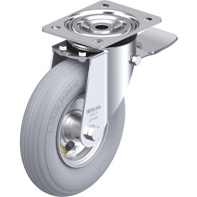 Roulette pivotante en métal avec roue en caoutchouc gris, adaptée aux meubles ou appareils avec plaque de fixation en haut.